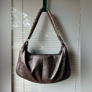 The Sak Metallic Bronze Brown Leather Small Crochet Shoulder Bag Y2K Boho